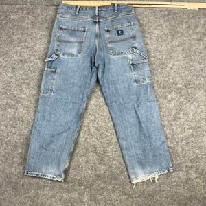 SawHorse Jeans Mens Size 36x30 Blue Carpenter Workwear Utility Distressed Hem